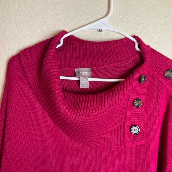 Chico's Fuchsia Cowl Neck TunicSweater Button Detail Cozy Knit Pullover size 3 - Picture 6 of 15
